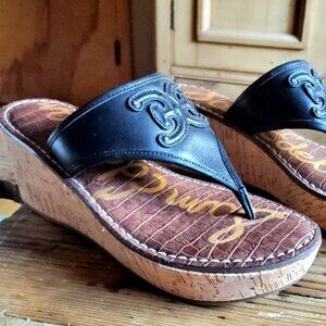 Sam Edelman Leather Thong Wedge Sandal with Cork Heel, Size 9